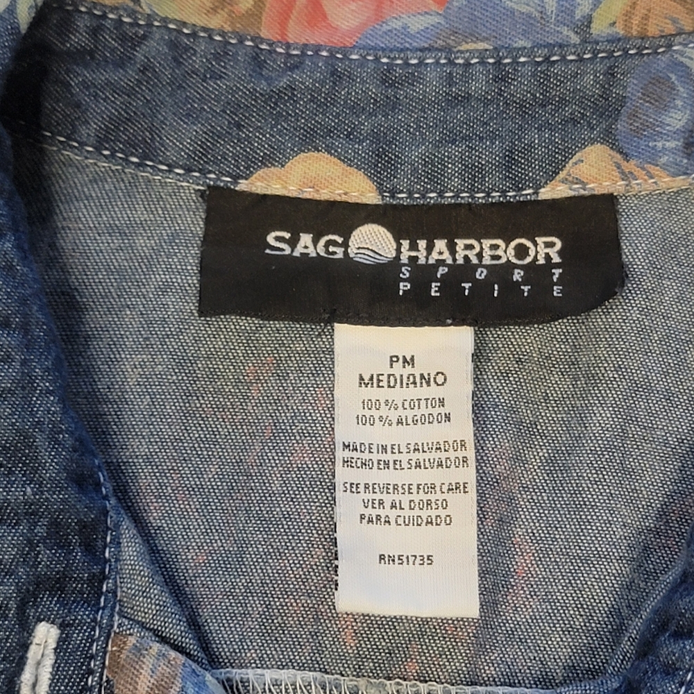 VTG Denim Floral Button Up Shirt Short Sleeve Sag Harbor Woman Retro Feminine - Picture 3 of 9